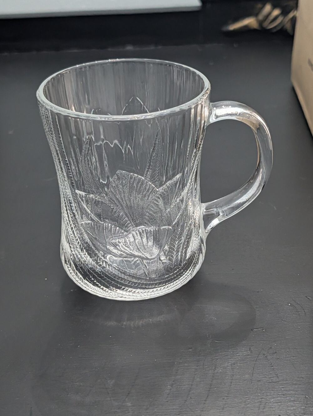 6 Arcoroc Canterbury Clear Glass Mugs Embossed Crocus Flower France Coffee Tea
